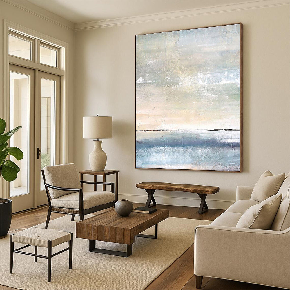 Light Blue, Beige, and White Textured Abstract Seascape Painting For Sale Online WS471