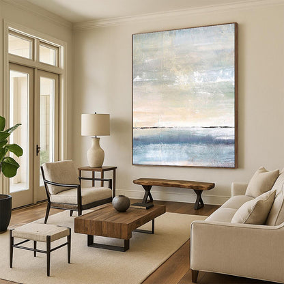 Light Blue, Beige, and White Textured Abstract Seascape Painting For Sale Online WS471