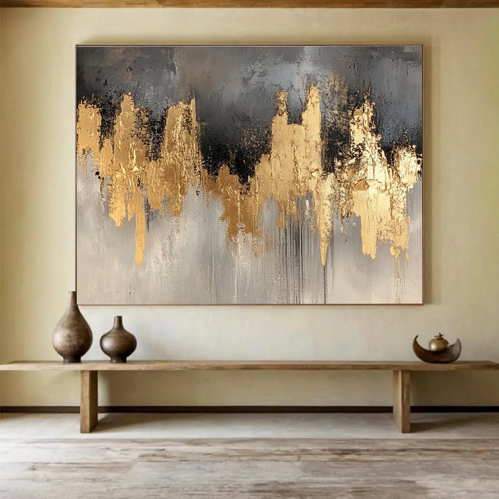 Big Size Gray, Gold, and Black Abstract Cityscape - Acrylic Painting WB296