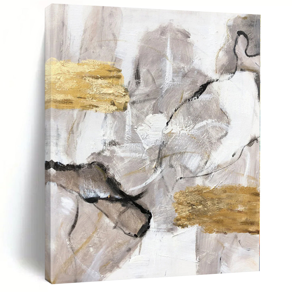 Hand-Painted Gray, White, and Gold Abstract Textured Painting For Sale HS057