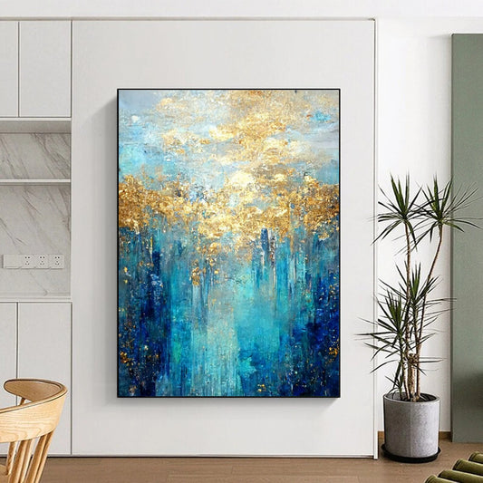 Blue, Gold Abstract Textured Art For Living Room and Bedroom WS444