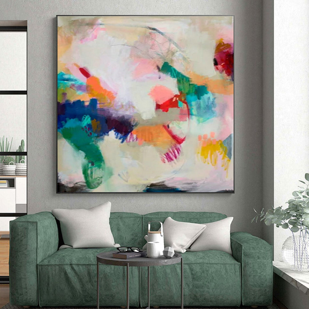 Hand Painted Art Colorful Abstract Acrylic Painting with Pink, Blue, Green, Yellow - Large Painting In Living Room HS516
