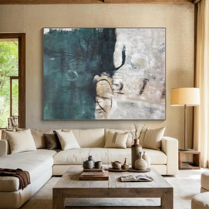 Hand-Painted Teal & Beige Abstract Coastal Landscape Art HS397