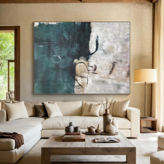 Hand-Painted Teal & Beige Abstract Coastal Landscape Art HS397