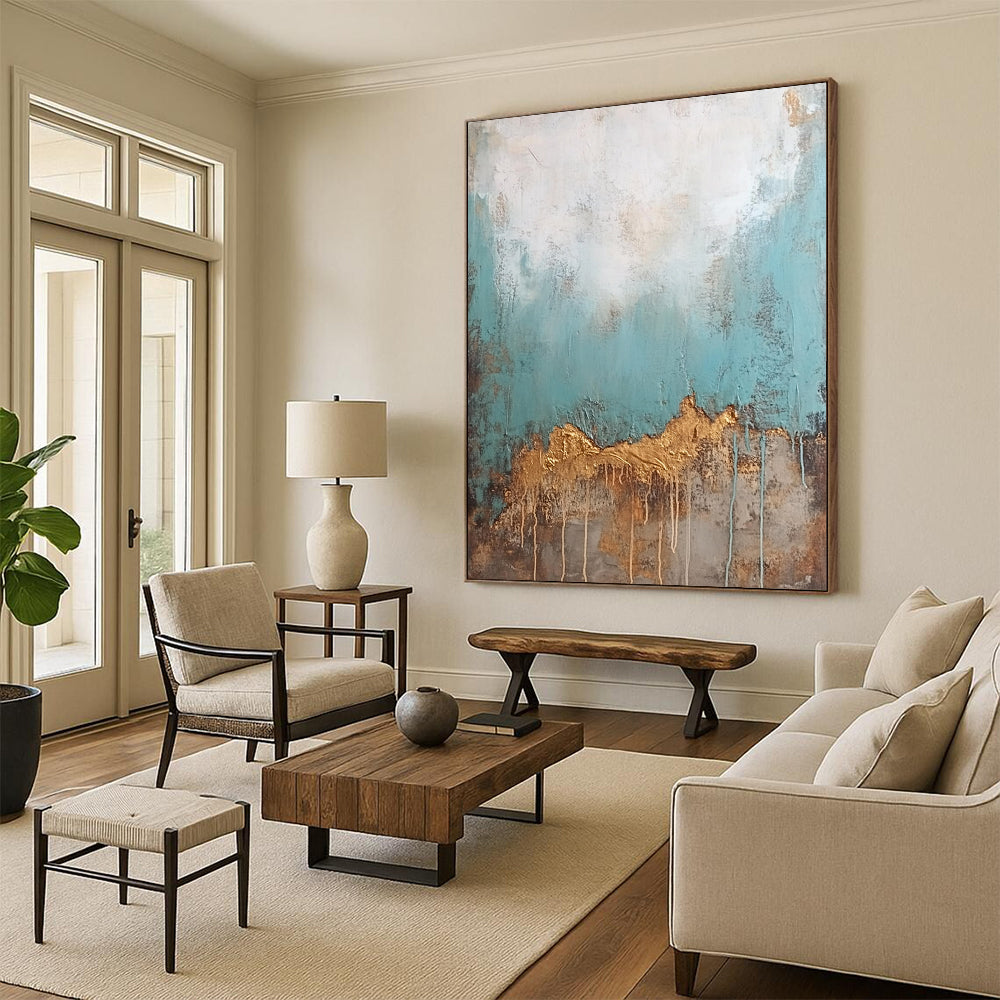 Hand Painted Art Teal, Gold, and Brown Abstract Textured Painting For Sale HS149