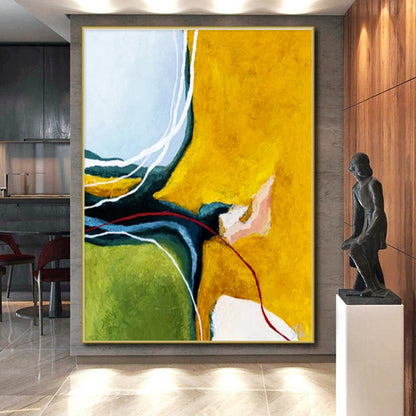 Unique Abstract Art Yellow, Green, and White Dynamic Abstract Painting On Canvas HS823