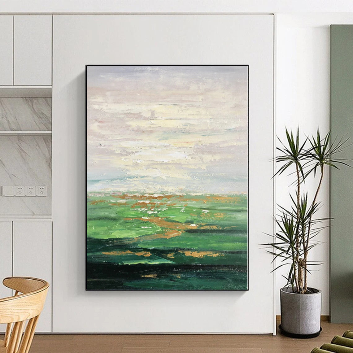 Hand-Painted Green and Gold Abstract Landscape Painting For Sale HS067