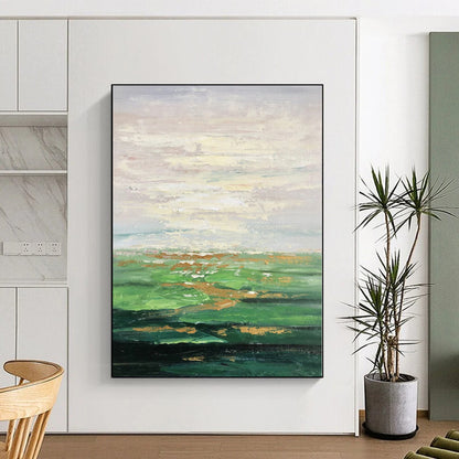 Hand-Painted Green and Gold Abstract Landscape Painting For Sale HS067