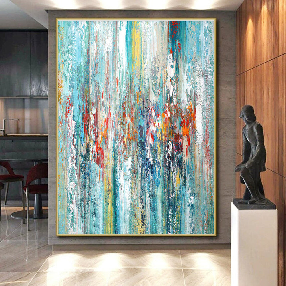 Hand-Painted Turquoise, Red & Yellow Abstract Vertical Strokes Art HS381