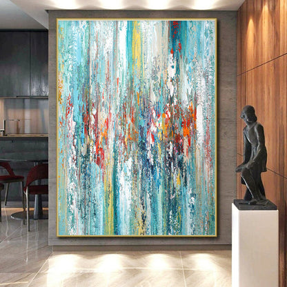 Hand-Painted Turquoise, Red & Yellow Abstract Vertical Strokes Art HS381