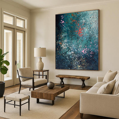 Unique Abstract Art Teal, Pink & Orange Textured Abstract, Large Contemporary Wall Art HS275