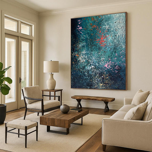 Unique Abstract Art Teal, Pink & Orange Textured Abstract, Large Contemporary Wall Art HS275