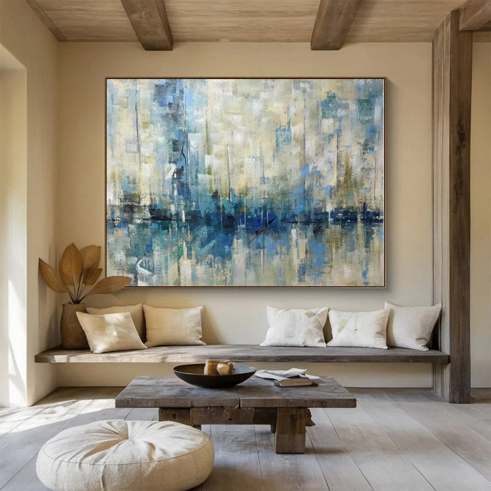 Oversized Canvas Art Blue and Beige Abstract Harbor Reflection Painting WB057