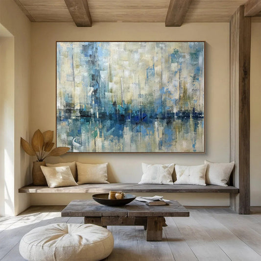 Oversized Canvas Art Blue and Beige Abstract Harbor Reflection Painting WB057