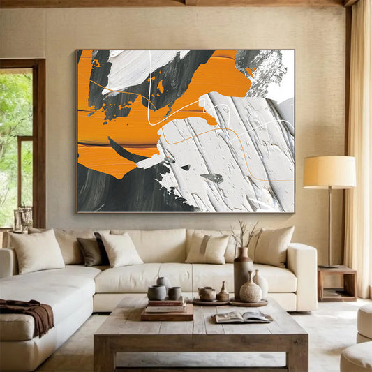 Hand-Painted Orange, Black, and White Abstract Textured Painting For Sale HS090