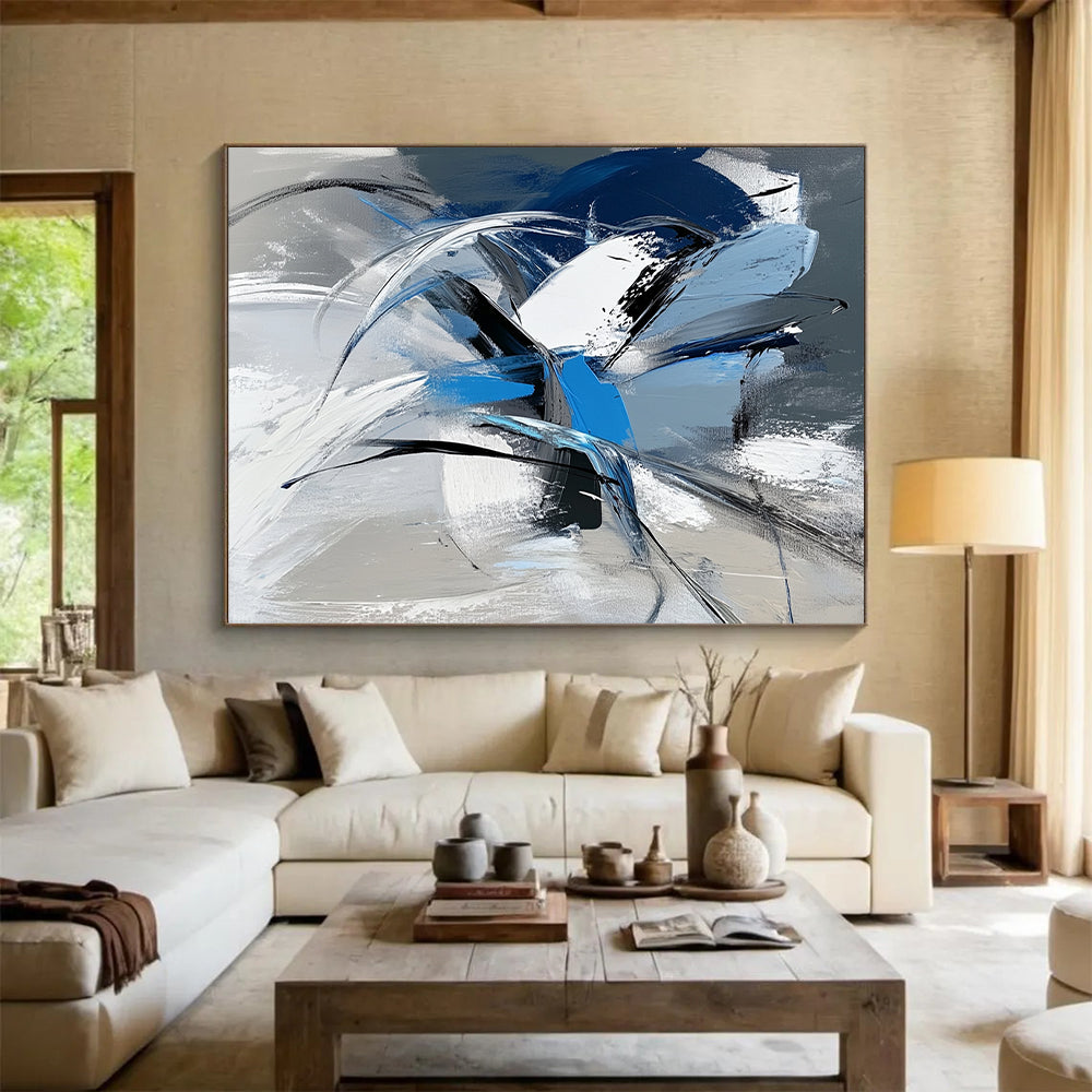 Acrylic Modern Art Paintings Blue, Black, and White Abstract Expressive Painting For Sale HS164