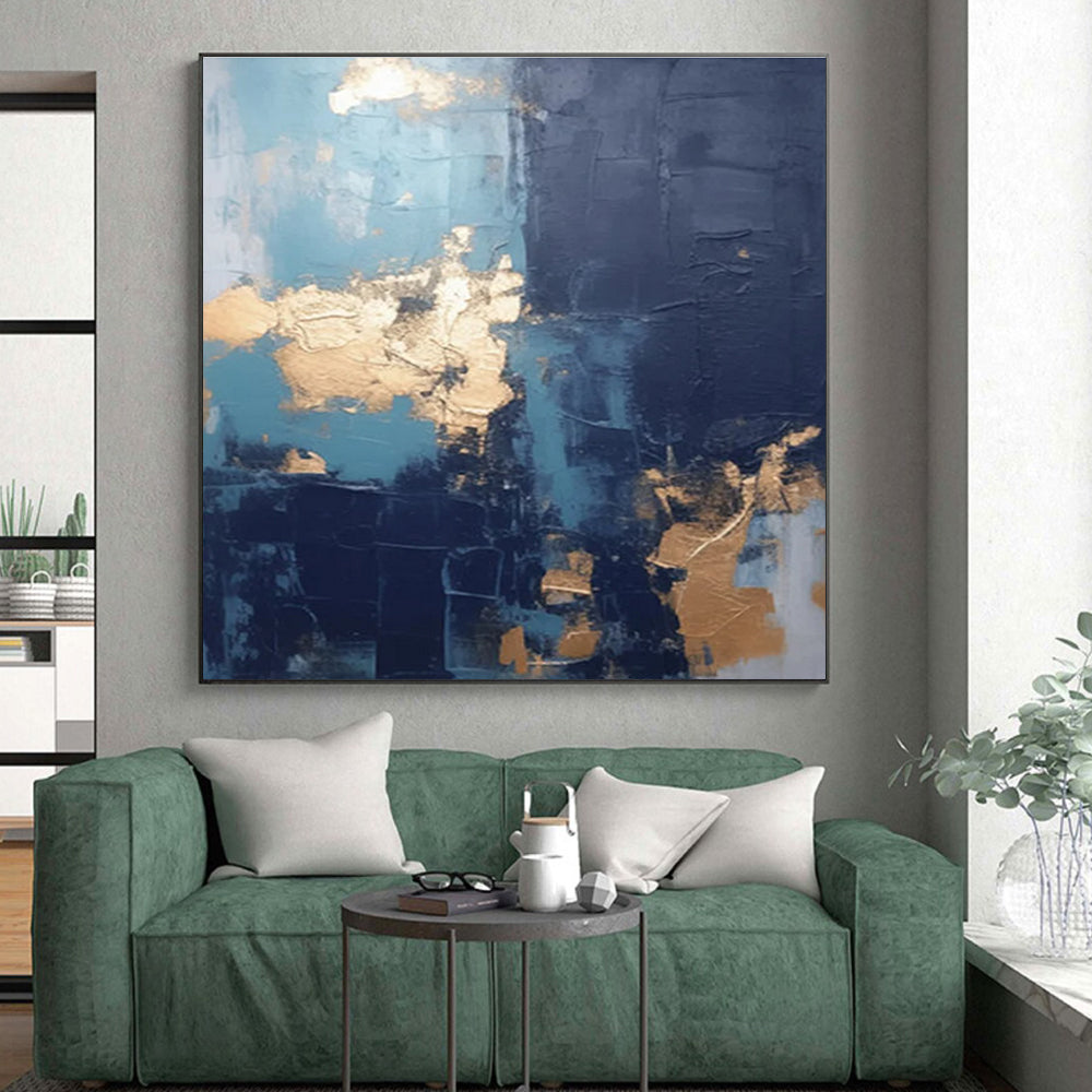 Handmade Art Teal, Gold & Gray Textured Abstract, Large Contemporary Wall Art HS233