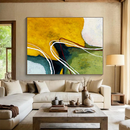 Acrylic Modern Art Paintings Yellow, Green, and White Dynamic Abstract Painting On Canvas HS822