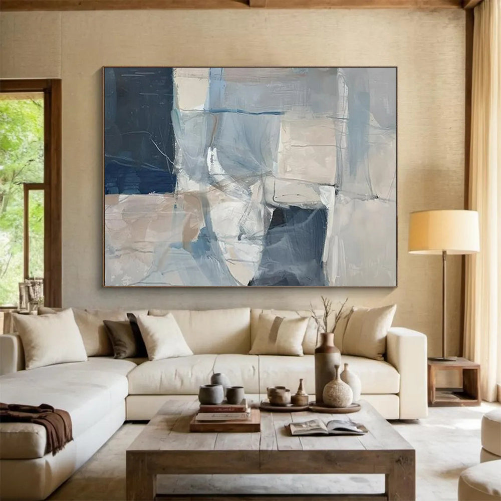 Modern Art Acrylic Blue, Gray, and Beige Geometric Abstract Art HS722