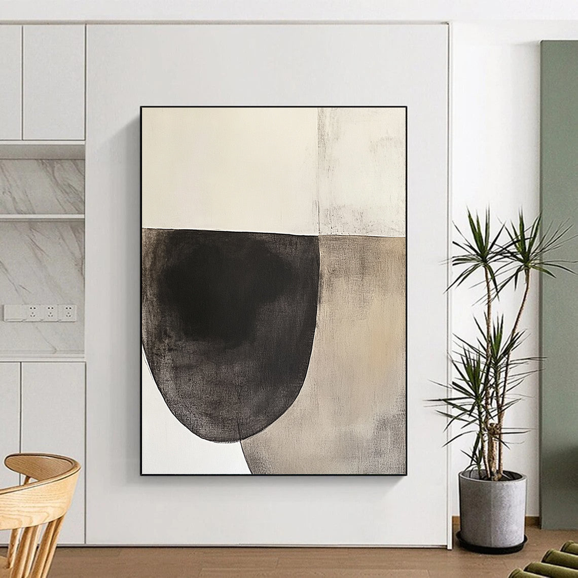 Oversized Abstract Wall Art Black, White, and Beige Abstract Organic Shape Painting For Sale HS156