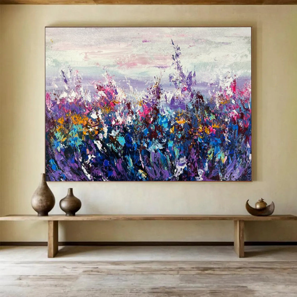 Hand Paintings: Purple Pink and Blue Floral Field Abstract Painting WB345