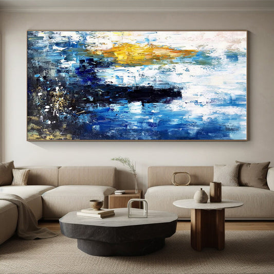 Hand-Painted Blue, Yellow & Black Gestural Abstract, Acrylic Modern Art Painting HS432