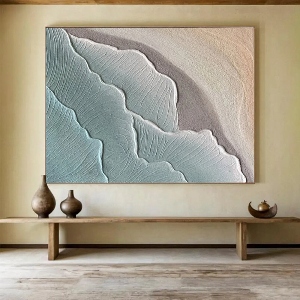 Hand Painted Art: Teal and Beige Textured Geometric Abstract Painting WB342