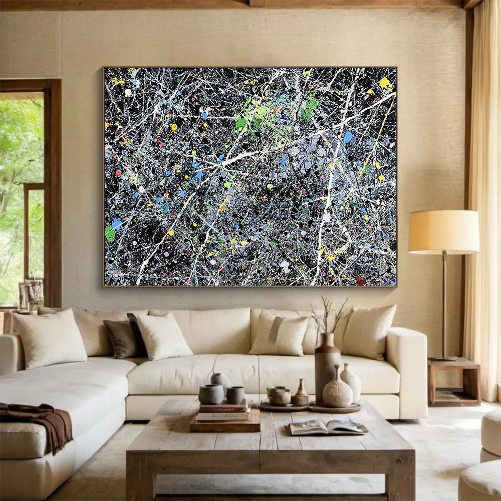 Contemporary Abstract Art with Multicolored Splatters and Black Background, Pollock - Style Abstract Theme WB311