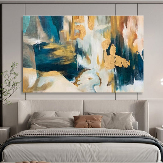 Teal, Gold, White Abstract Figurative-Inspired Art For Sale WB380