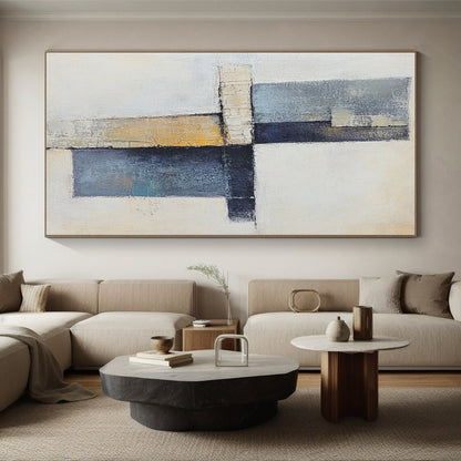 Hand Painted Art Blue, Beige, and Black Abstract Geometric Painting For Sale HS157