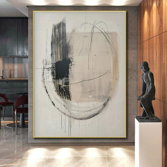 Hand Painted Art Black, White, and Beige Circular Abstract Art HS621