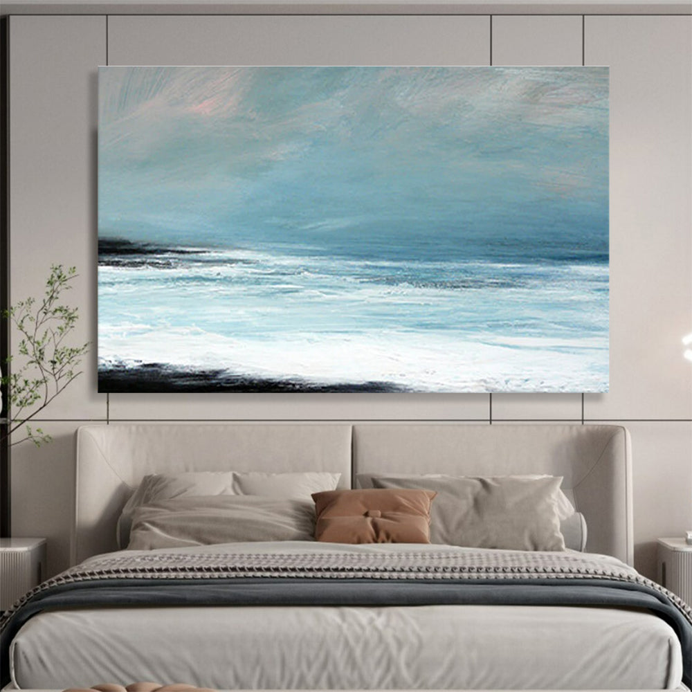 Horizontal Light Blue, White, and Black Abstract Coastal Waves, Abstract Oil Painting WB187