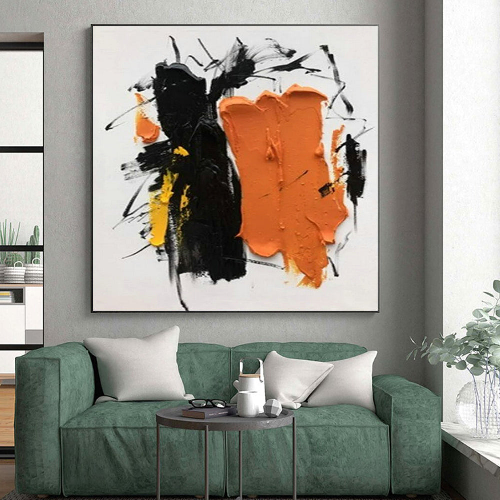 Handmade Art Unique Abstract Art with Black, Orange, Yellow Expressive Brushstrokes - Acrylic Modern Art Painting HS522