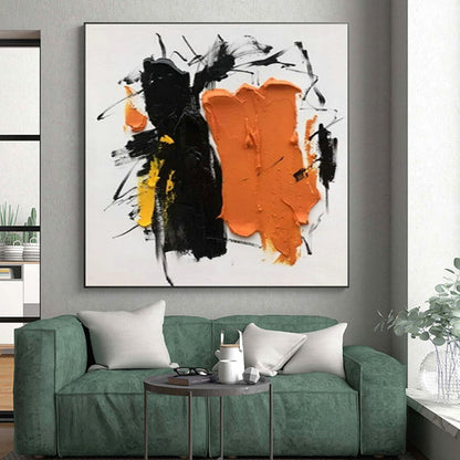 Handmade Art Unique Abstract Art with Black, Orange, Yellow Expressive Brushstrokes - Acrylic Modern Art Painting HS522