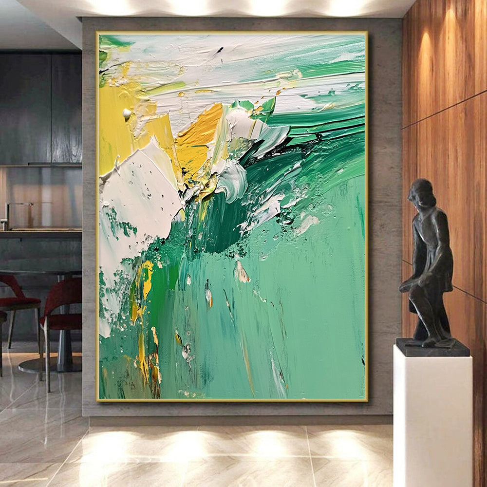 Handmade Art Green and Yellow Abstract Textured Painting For Sale HS126