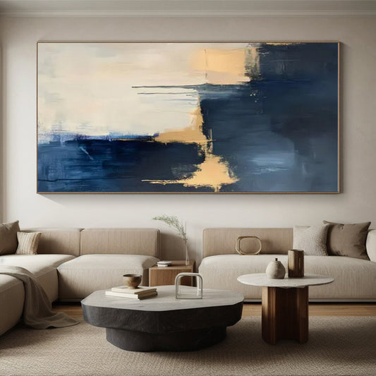 Handmade Art Navy, Beige, and Gold Textured Abstract Art HS748