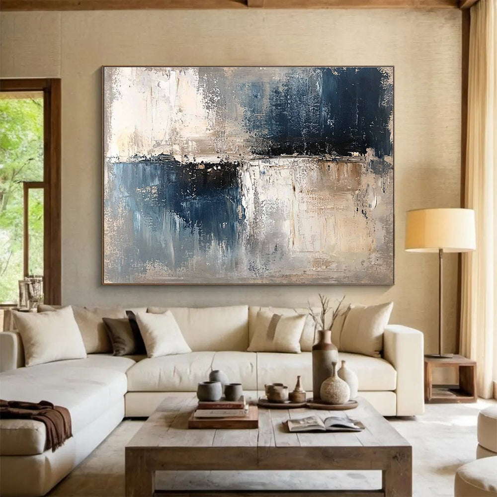 Oversized Canvas Art Blue, Gray, and Beige Abstract Textured Landscape - Acrylic Painting WB277
