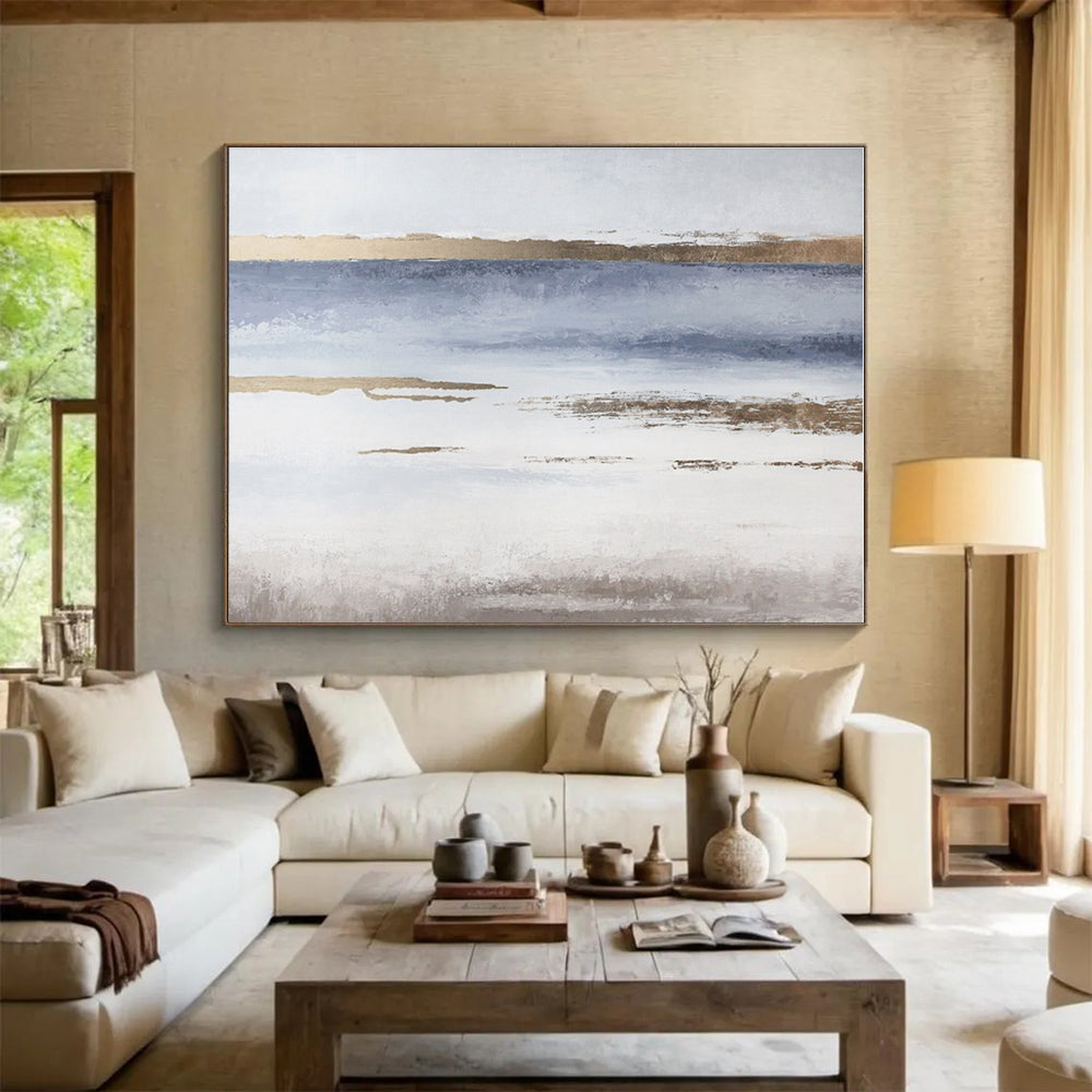 Oversized Canvas Art Blue, Gold and White Abstract Landscape Painting WB116