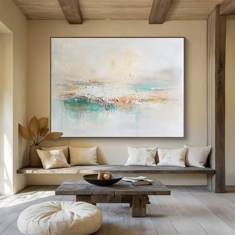 Big Size Beige, Teal, and Brown Abstract Calm Landscape - Acrylic Painting WB280