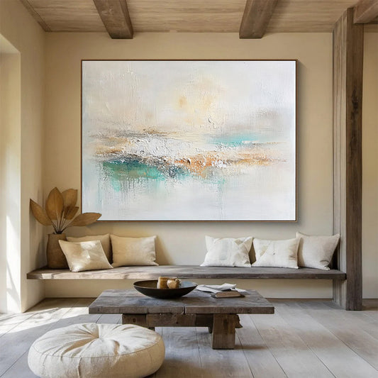 Big Size Beige, Teal, and Brown Abstract Calm Landscape - Acrylic Painting WB280