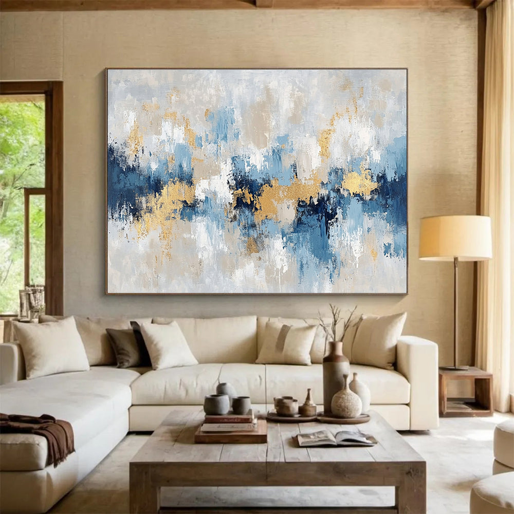 Horizontal Blue, Gray, and Gold Textured Abstract Painting WB263