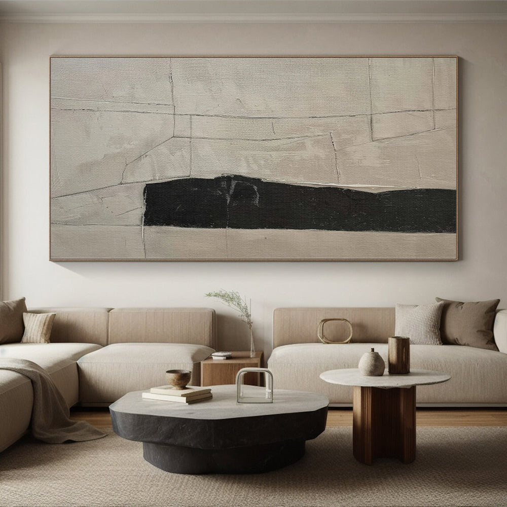 Hand-Painted Beige and Black Abstract Geometric Line Painting For Sale HS027