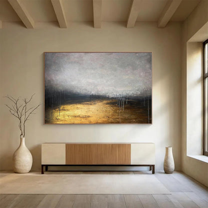 Huge Size Gray, Black and Gold Abstract Landscape Painting WB143