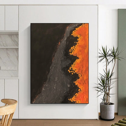 Hand-Painted Black, Gray, and Orange Abstract Textured Painting For Sale HS141
