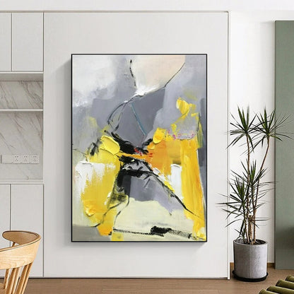 Hand-Painted Acrylic Modern Art Paintings with Yellow, Gray, Black Energetic Forms - Large Contemporary Wall Art HS526