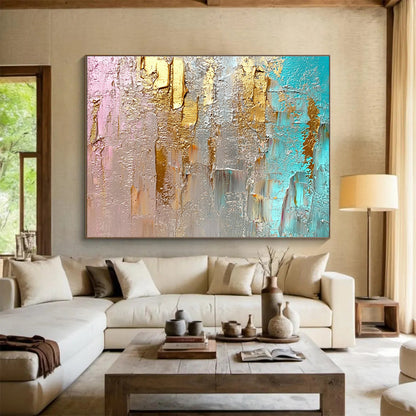 Big Size Gold, Silver, Teal, and Pink Abstract Textured Art - Acrylic Painting WB276