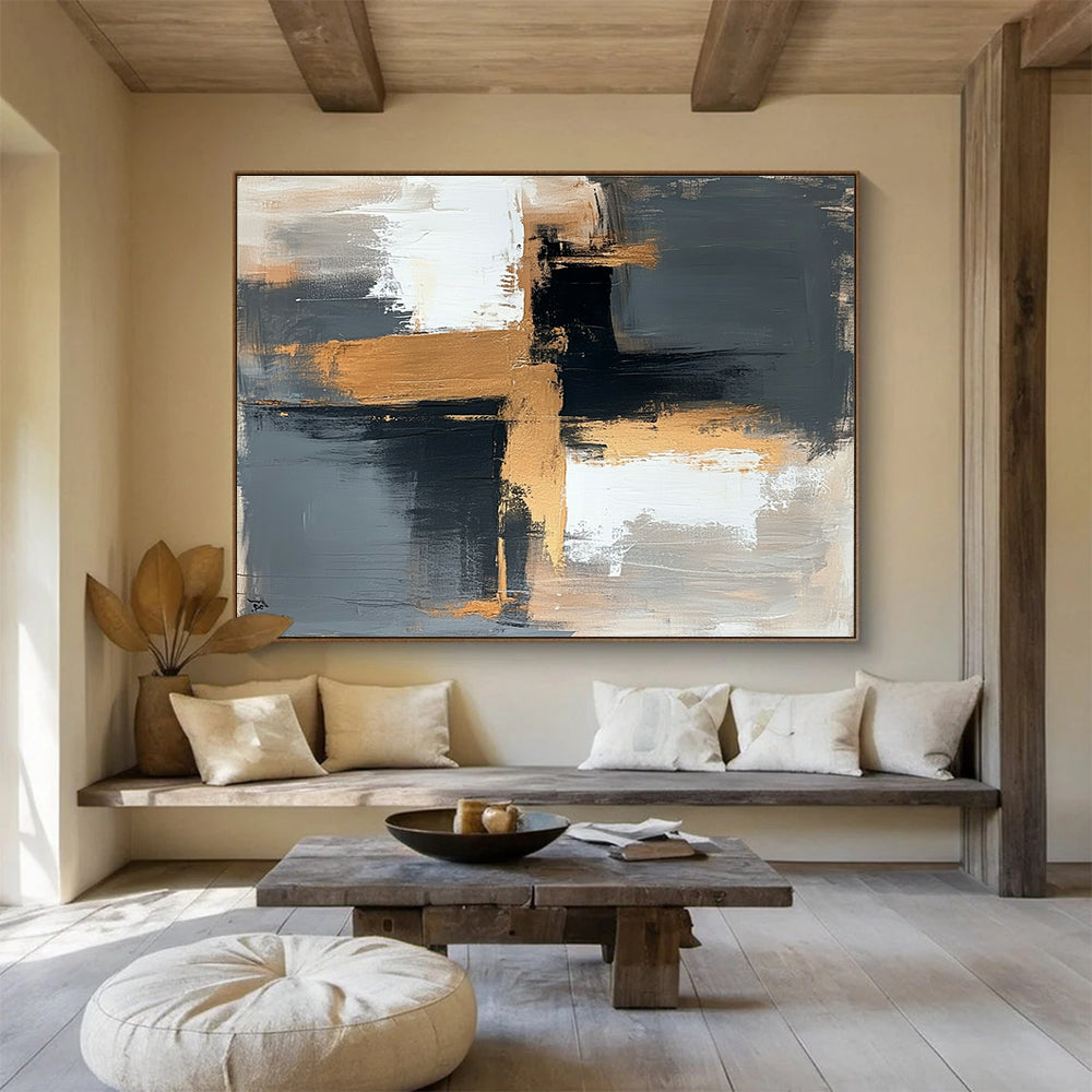 Contemporary Abstract Art with Black, White, Gold and Gray Colors, Minimalist Geometric Abstract Theme WB329