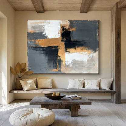 Contemporary Abstract Art with Black, White, Gold and Gray Colors, Minimalist Geometric Abstract Theme WB329