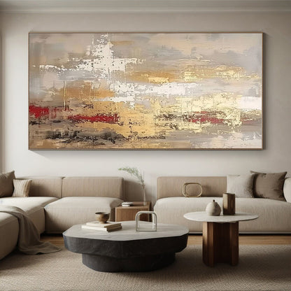 Hand Painted Art Gray, Gold, and Red Textured Abstract Art HS661