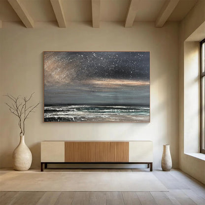 Gray, Black, White Abstract Starry Seascape Art For Sale WB409